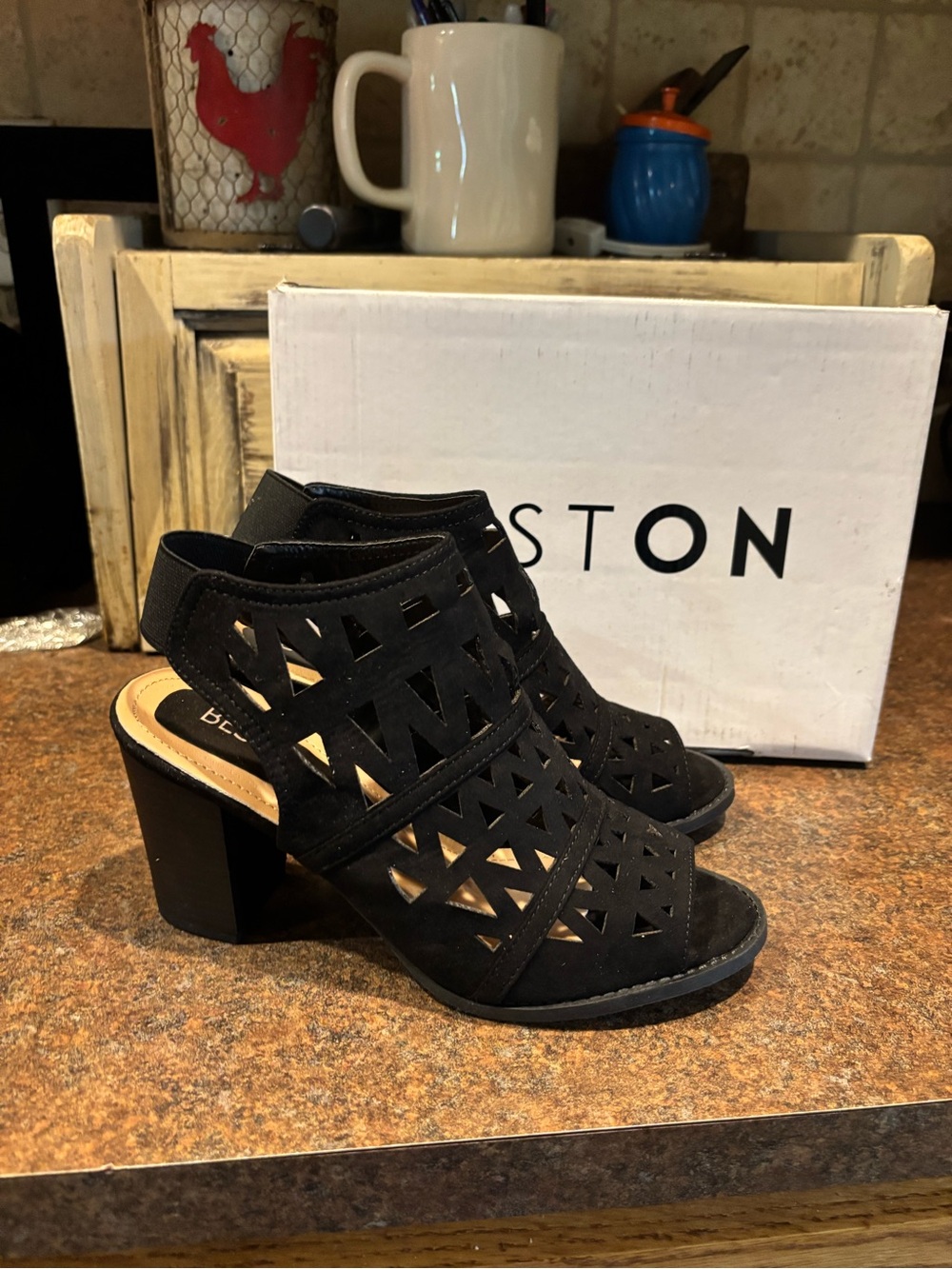 Women's Black Cutout Block Heel Sandals